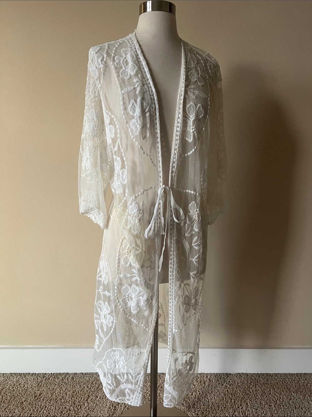 Sheer White Embroidered Lace Kimono Robe with Tie